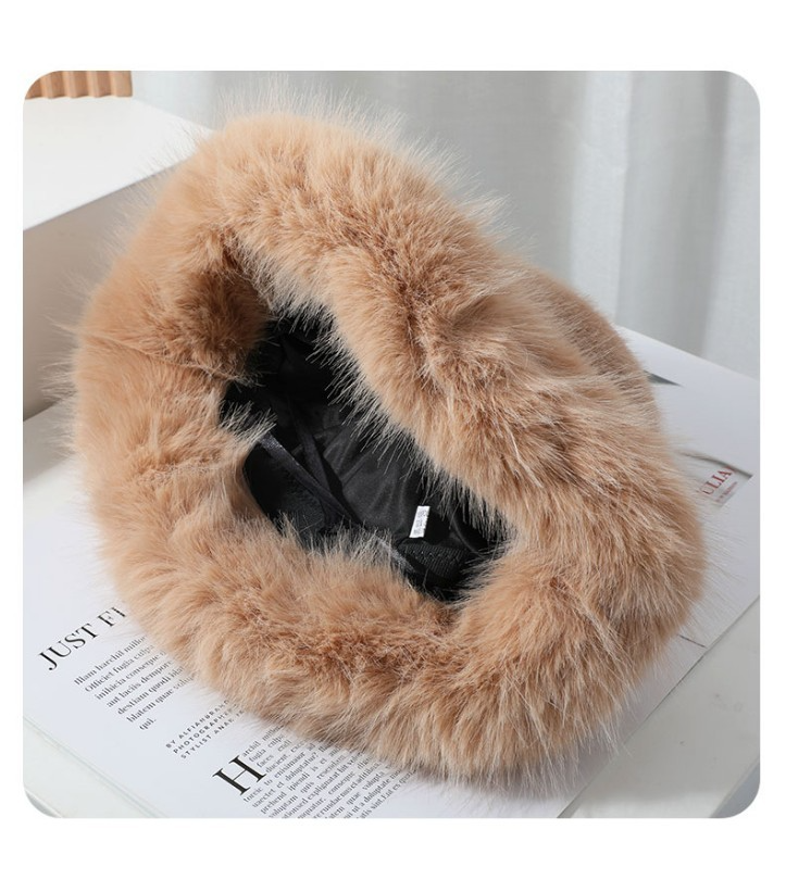 Faux Fur Bucket Hat Women Winter Warm Fluffy Fisherman Cap Light Brown Adjustabl