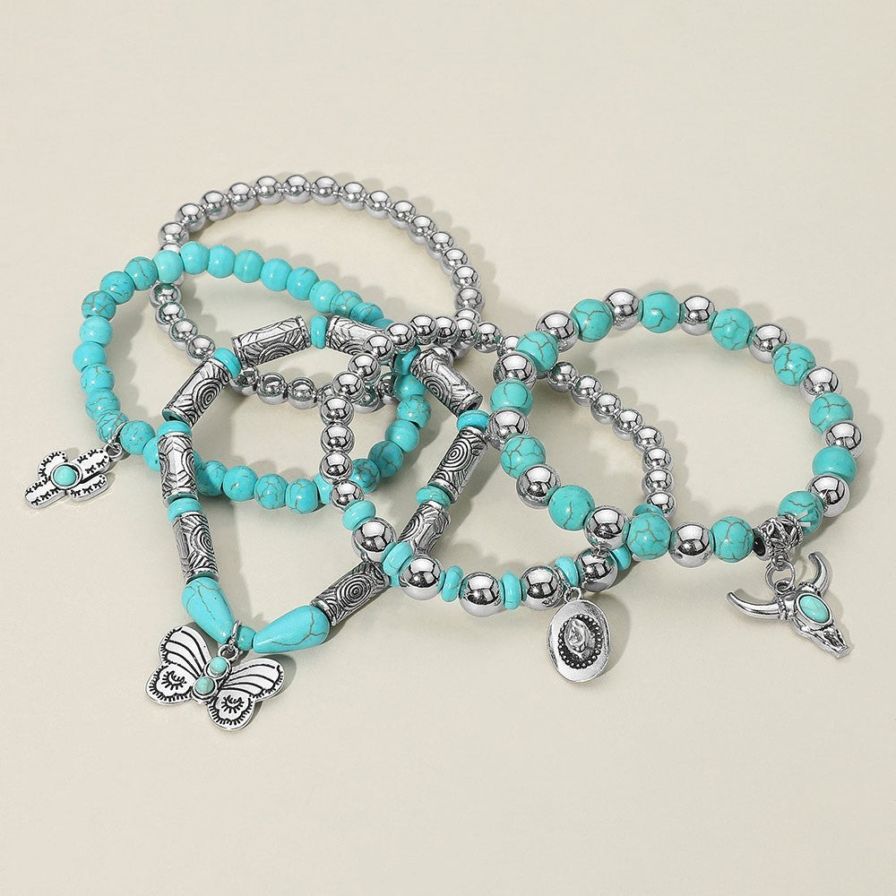 Boho Western Steer Head Charm Beaded Stretch Bracelet Multi Layered Turquoise