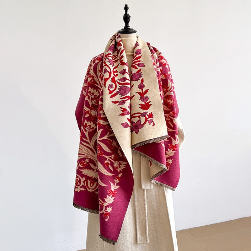 Floral Cashmere Feel Scarf Pashmina Shawl Reversible Wrap Pink Beige 71" x 28"