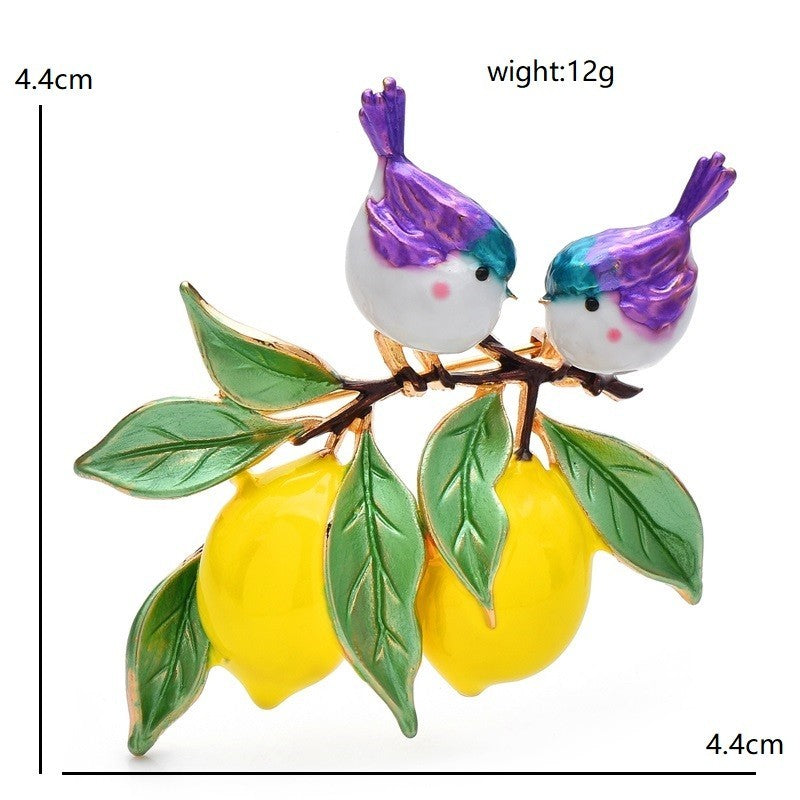 Enamel Bird and Lemon Brooch Pin Green Leaves Yellow Fruit Women's Fashion Gift
