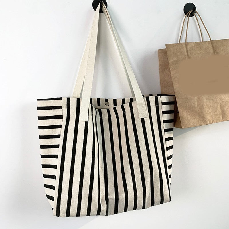 Large Canvas Tote Bag Striped Black White Shoulder Handbag Cotton Beach Shopper