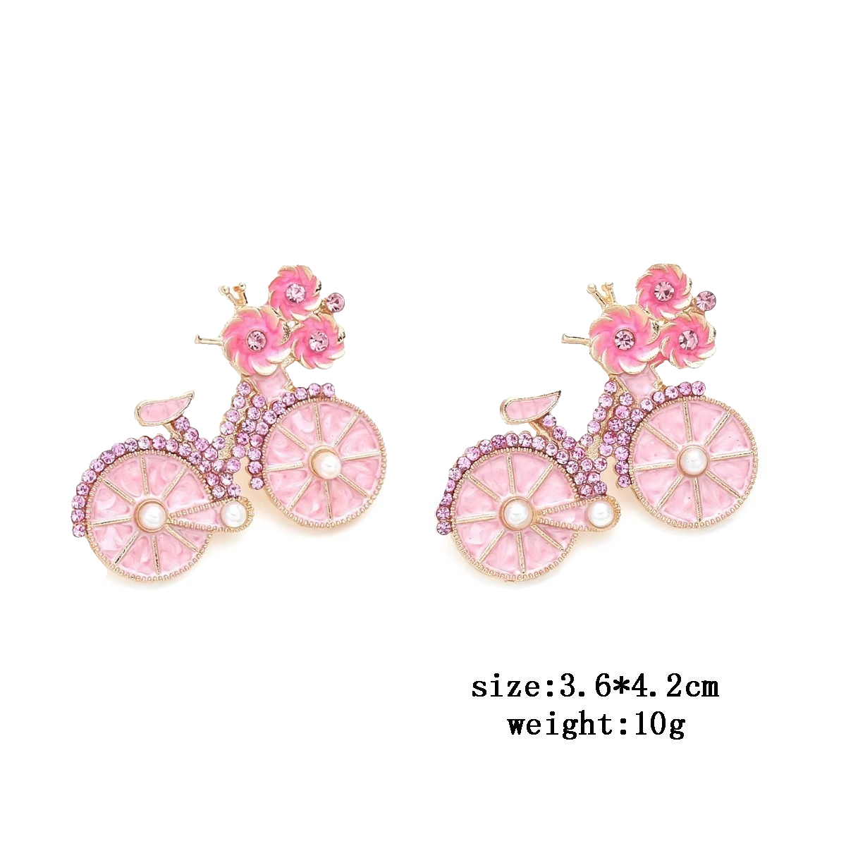 2pcs Pink Bicycle Flower Stud Earrings Crystal Rhinestone Pearl Bike Jewelry