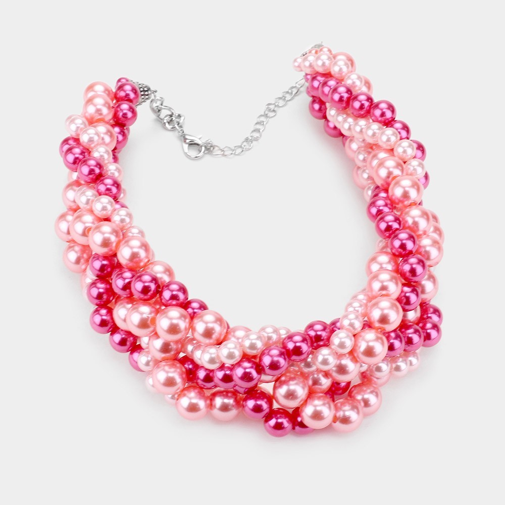Braided Multi Strand Pearl Statement Necklace for Women Wedding Evening Party