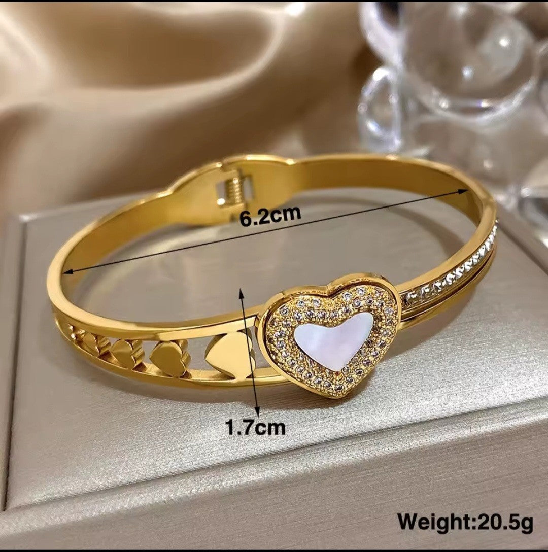 Gold Heart Bangle Bracelet Mother of Pearl Crystal Stainless Steel Tarnish Free