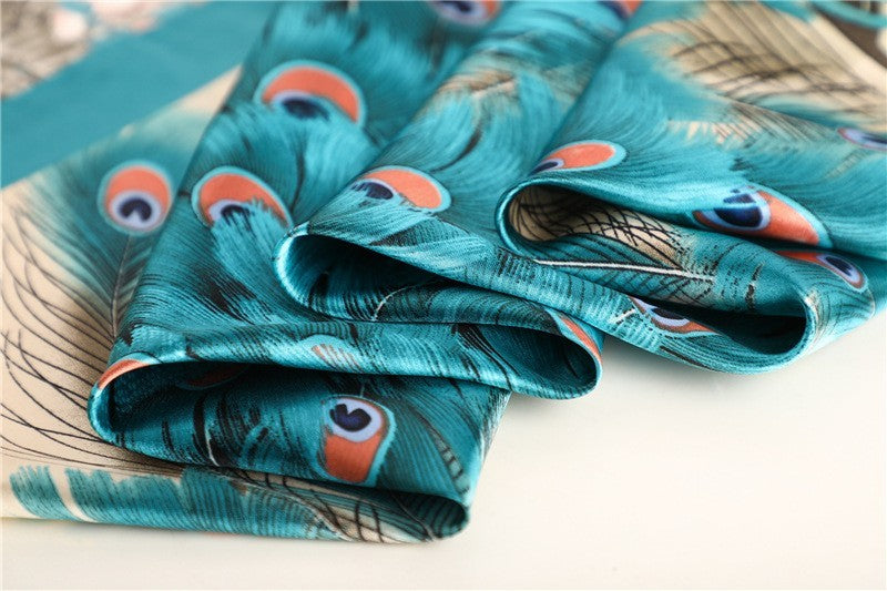 Beautiful 35" Peacock Silk Square Scarf - Large Head Neck Bag Wrap