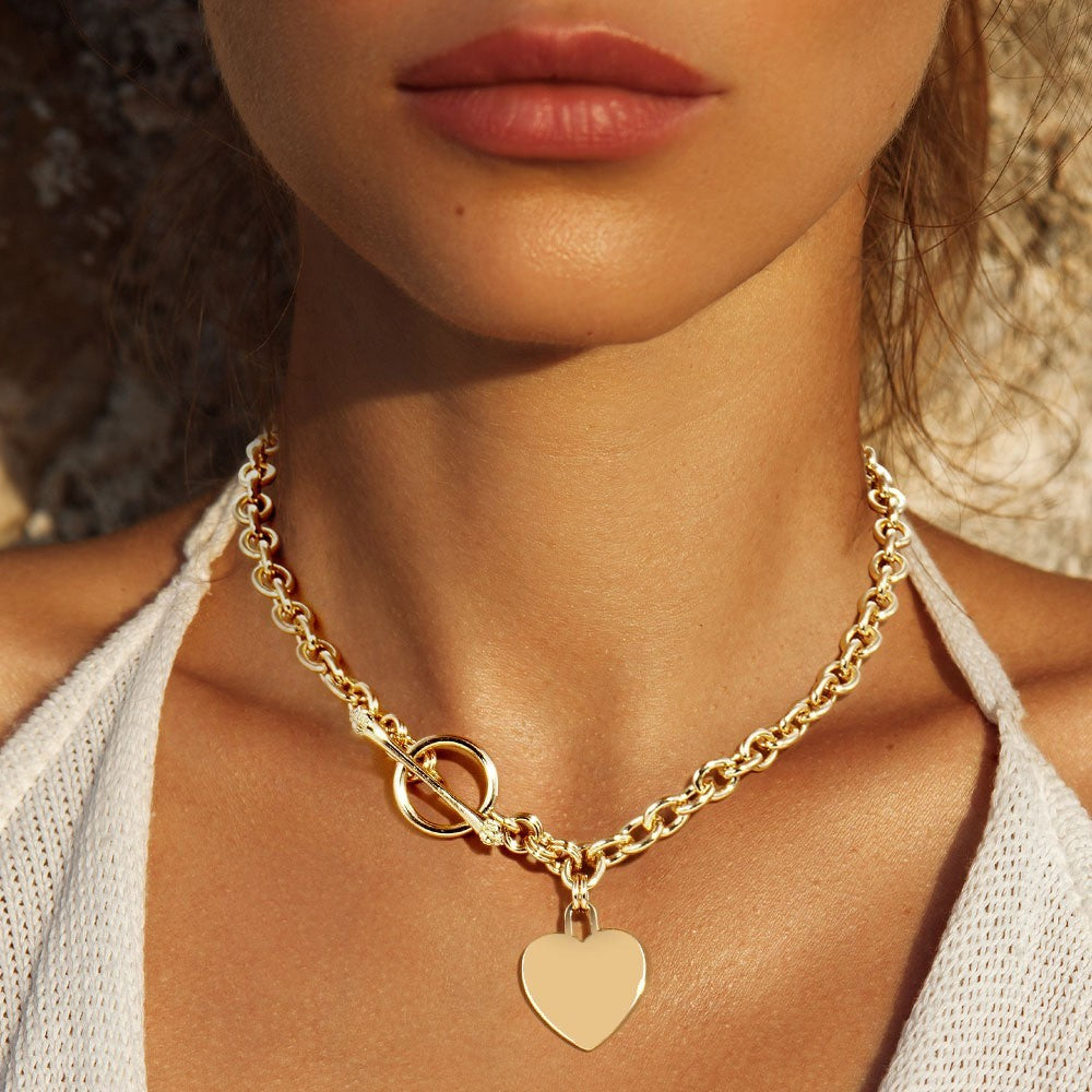 Gold Heart Pendant Toggle Necklace 18" Chunky Link Chain Fashion Jewelry
