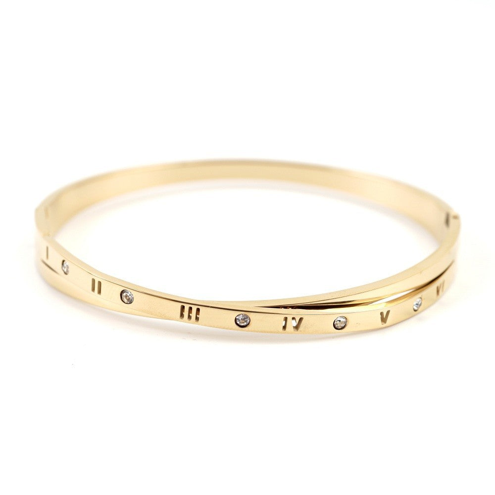Women's Gold Tone Roman Numeral Bangle Bracelet, Rhinestone Crystal Cuff Jewelry