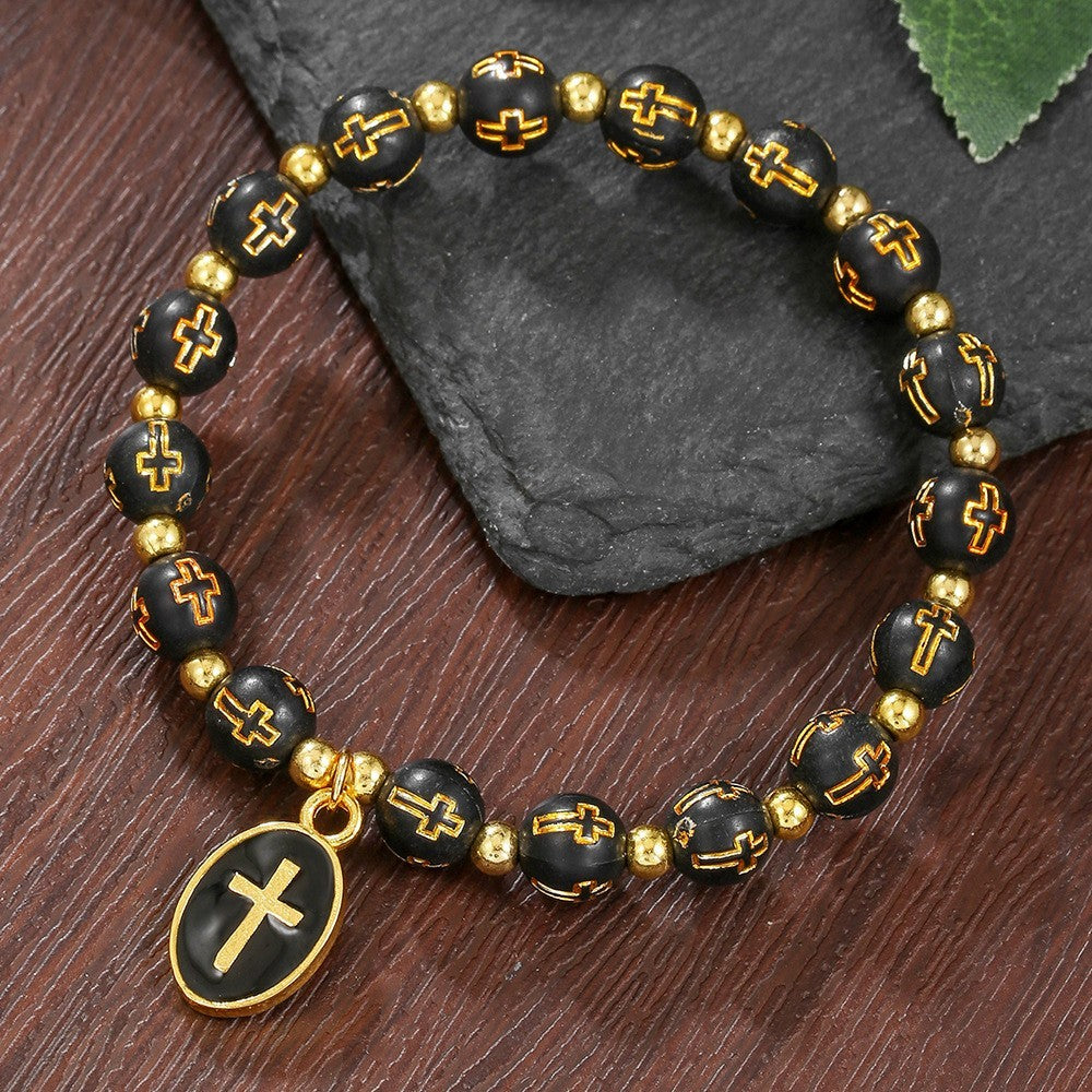 2pcs Religious Cross Bead Bracelet Gold Tone Christian Prayer Jewelry Set