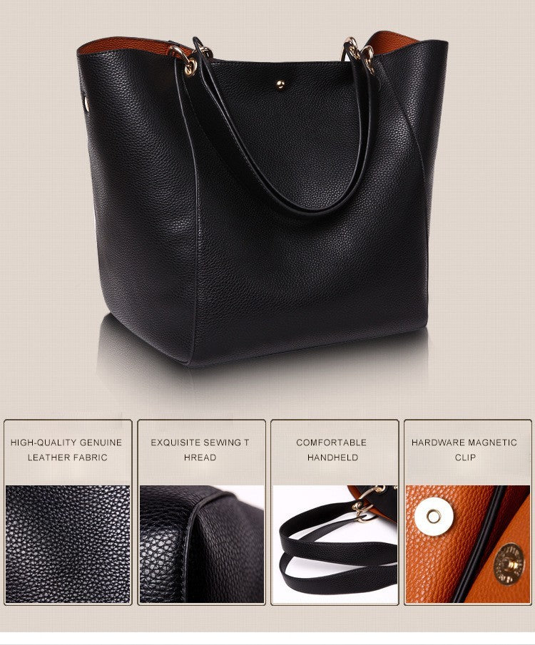 Black Pebbled Faux Leather Tote Handbag W/ Removable Pouch Gold Ring Accents