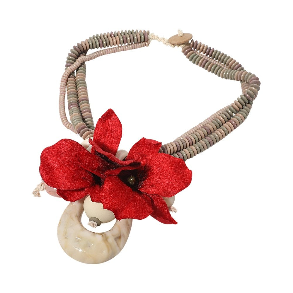 Red Hibiscus Floral Statement Necklace Neutral Bead Multi-Strand 20" Boho Tropic