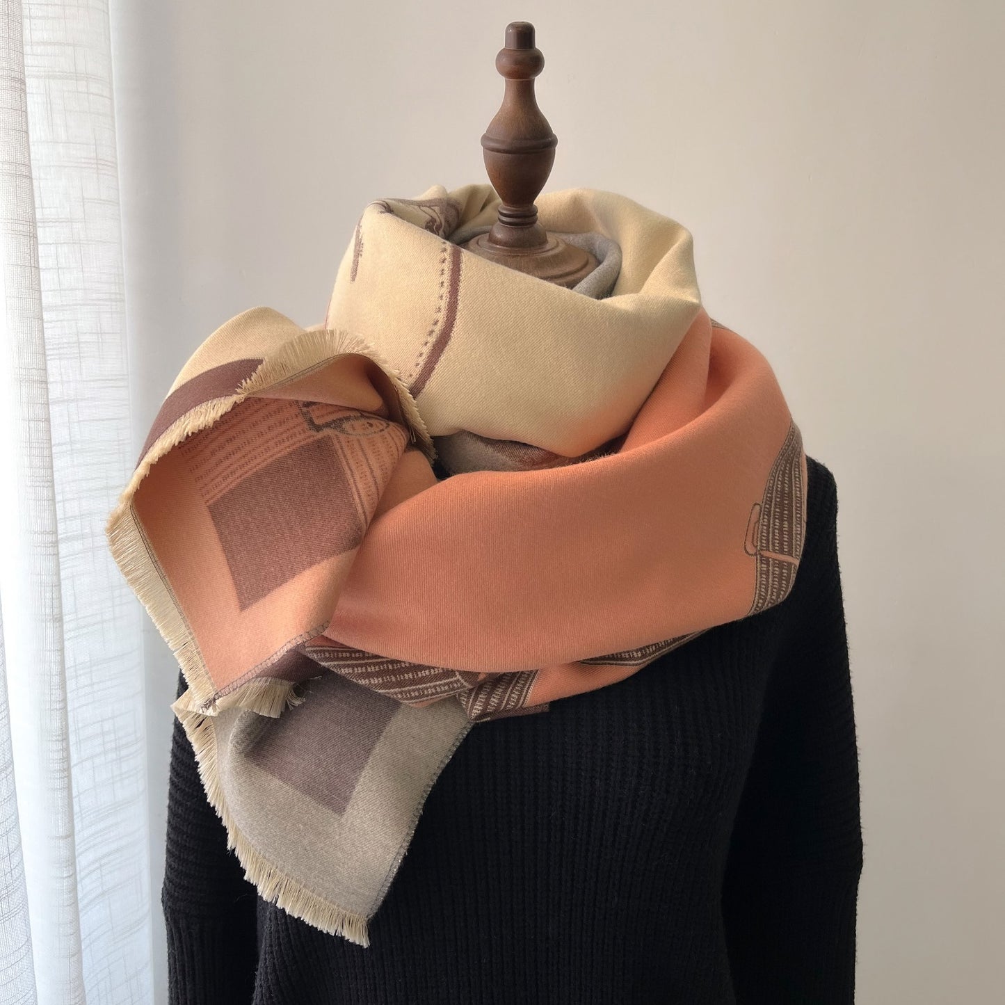 Equestrian Horse Print Scarf Shawl Wrap Tan Peach Grey Oversized Fringed