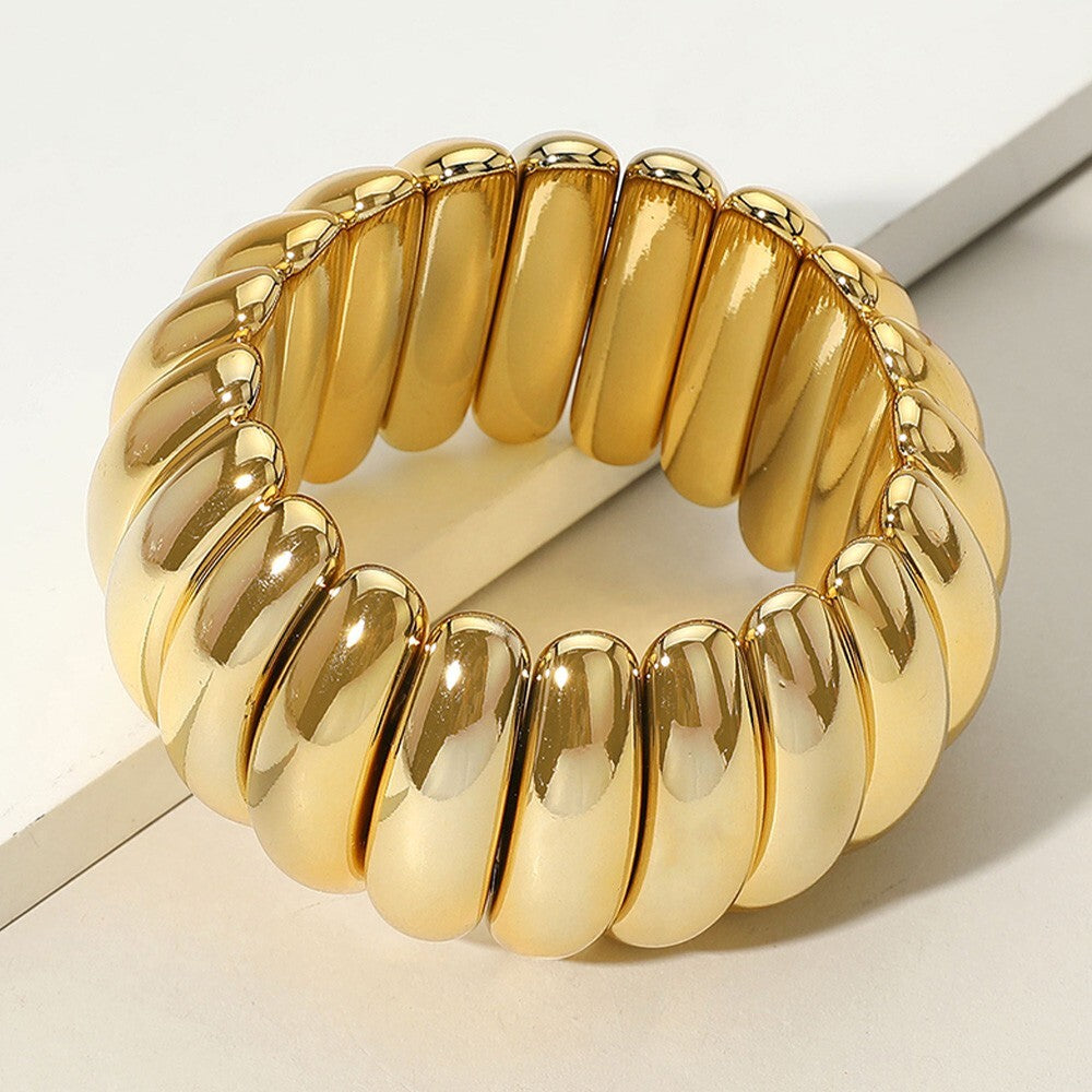 Wide Ribbed Metal Stretch Bracelet for Women Bold Chunky Statement Jewelry
