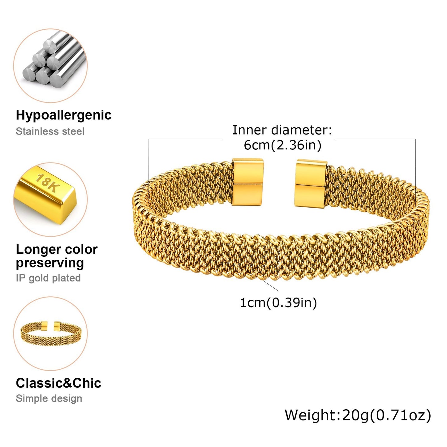 18K Gold Plated Mesh Cuff Bracelet for Women Men Open Bangle Adjustable Fashion