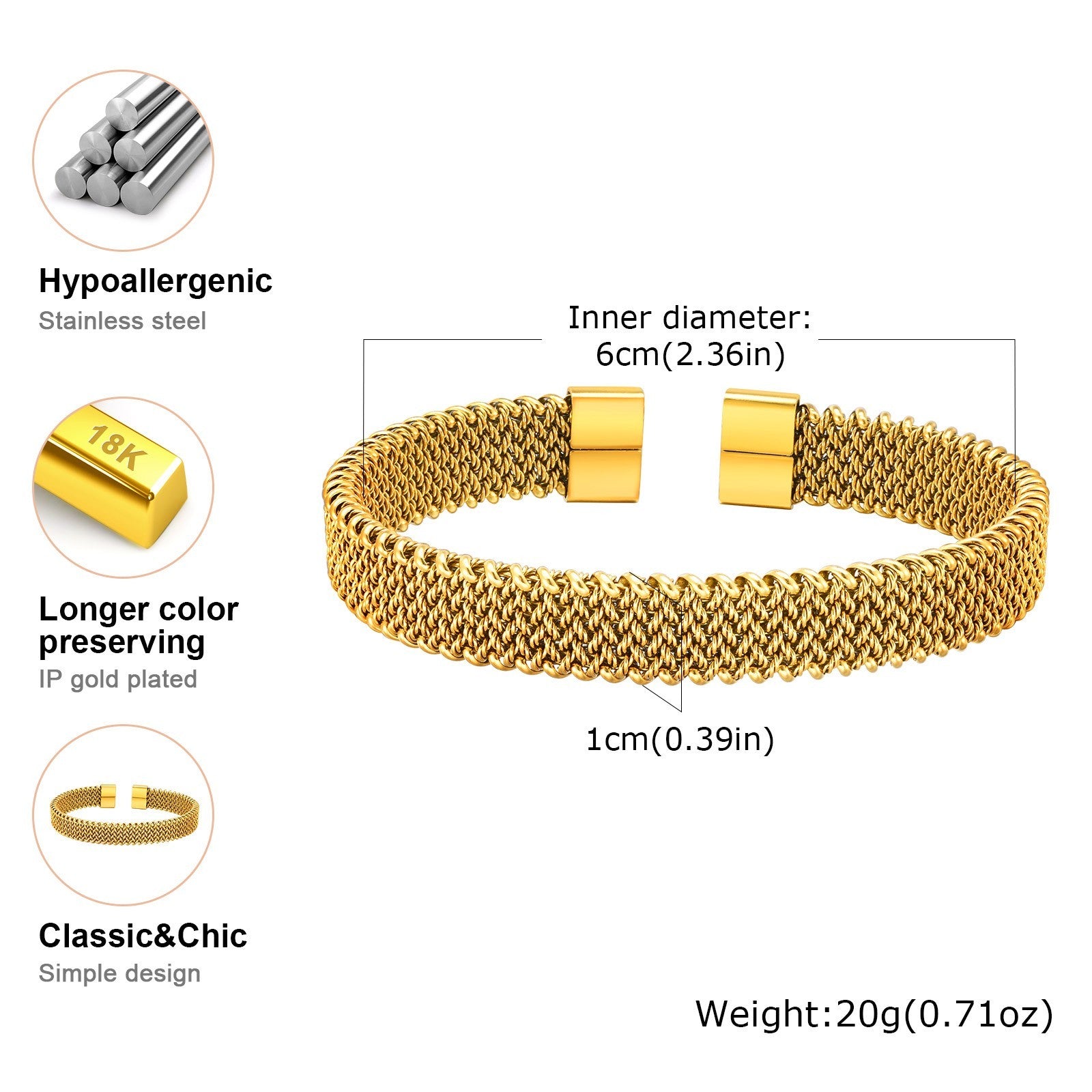 18K Gold Plated Mesh Cuff Bracelet for Women Men Open Bangle Adjustable Fashion