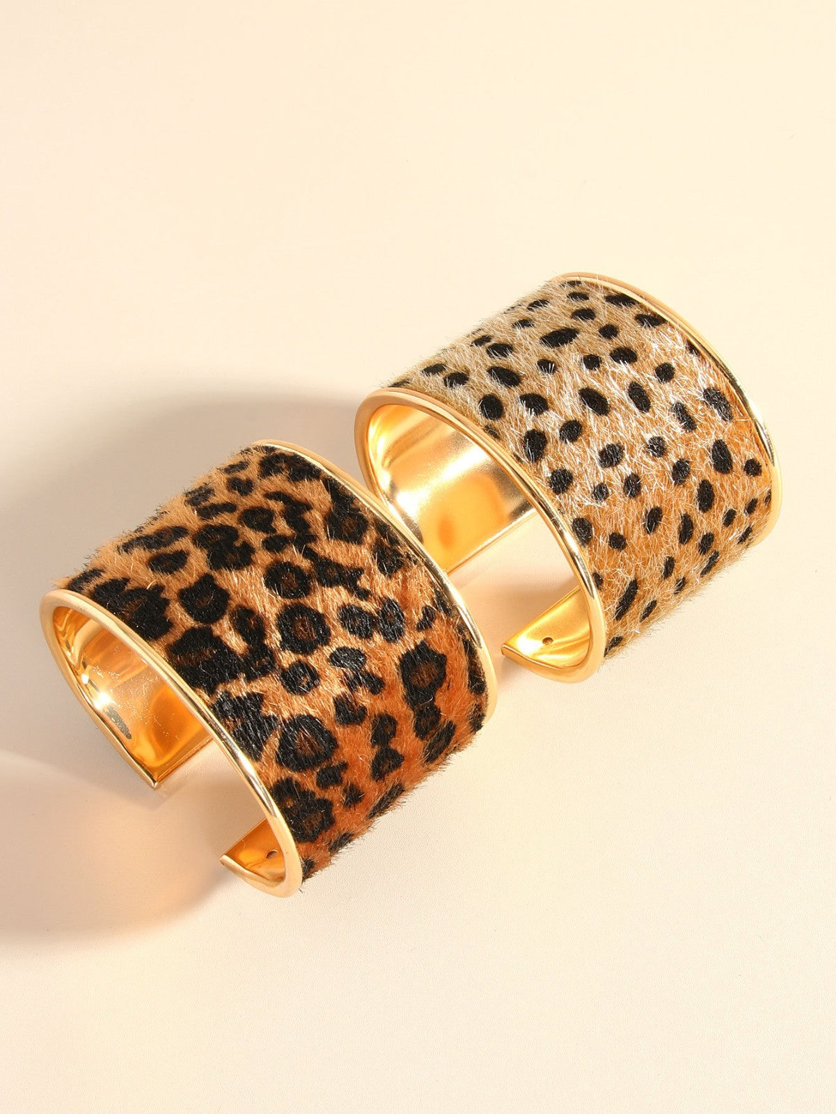 2 PC Cheetah Leopard Wide Cuff Bracelet Set Gold Tone Furry Animal Print Boho