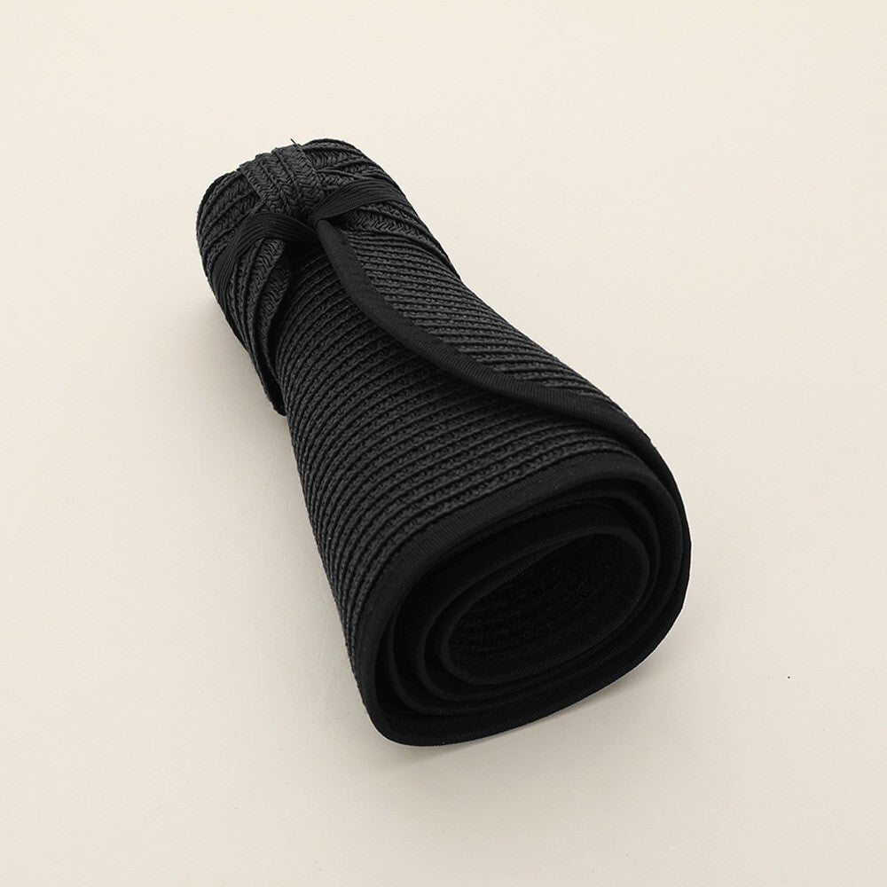 Wide Brim Straw Roll-Up Sun Visor Hat Black for Women Summer Beach UV Protection