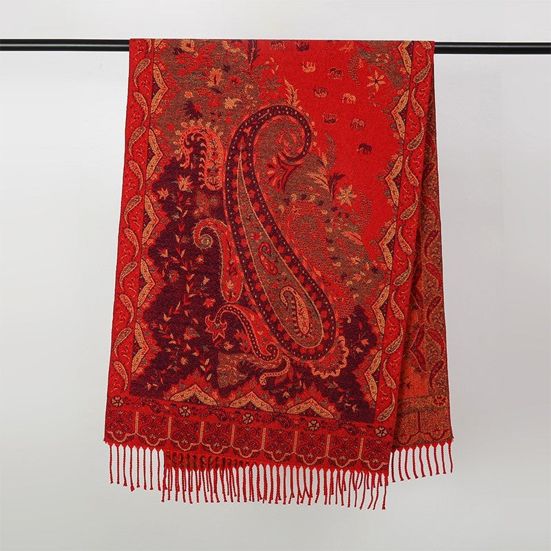 Red Paisley Shawl Wrap Scarf Extra Large Polyester Stole with Tassels 71" x 25.6