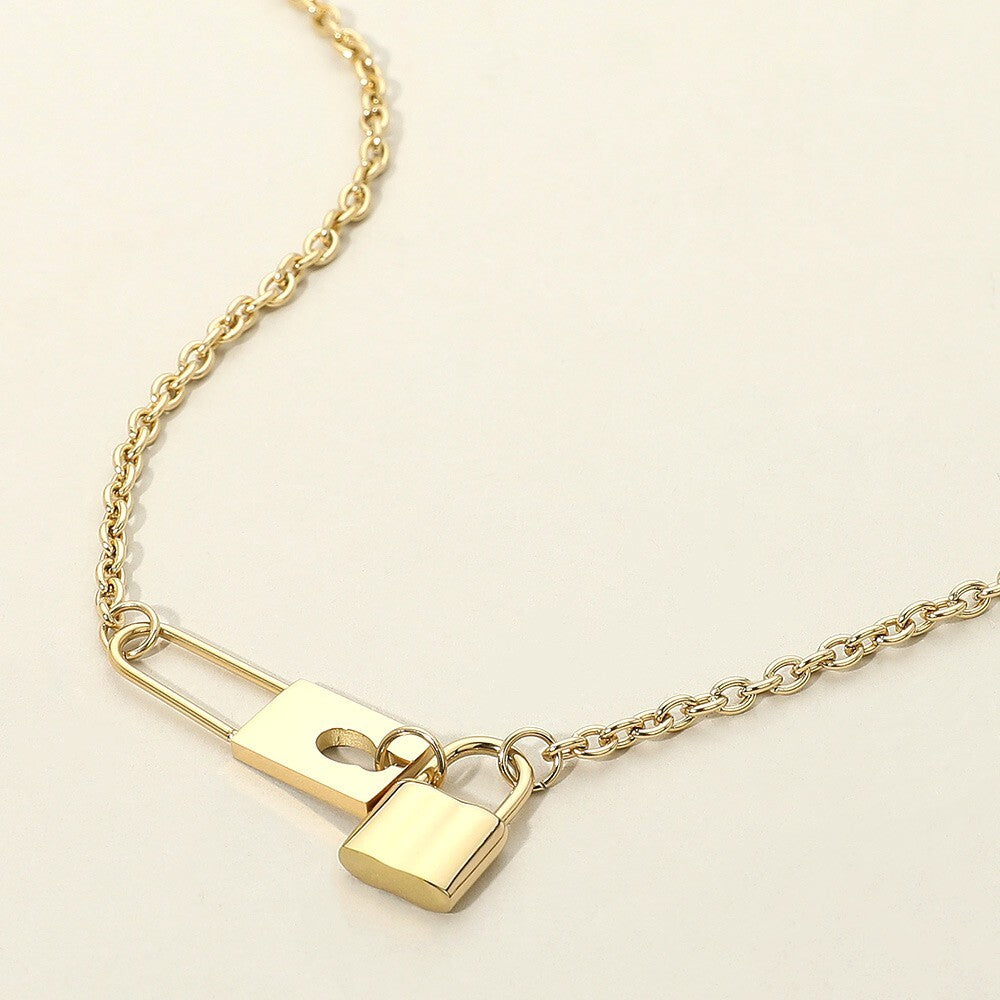 Stainless Steel Lock Pendant Necklace for Women Chunky Chain Link Padlock Choker