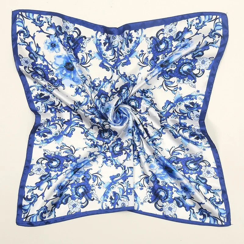 Blue and White Porcelain Satin Silk Square Scarf Digital Print Headscarf Ladies
