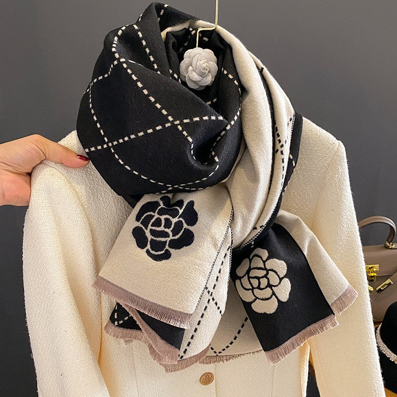 Women Camellia Flower Scarf Cashmere Feel Shawl Wrap Black Beige Grid Winter