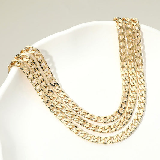 Triple Row Gold Tone Curb Chain Necklace - Layered Fashion Jewelry