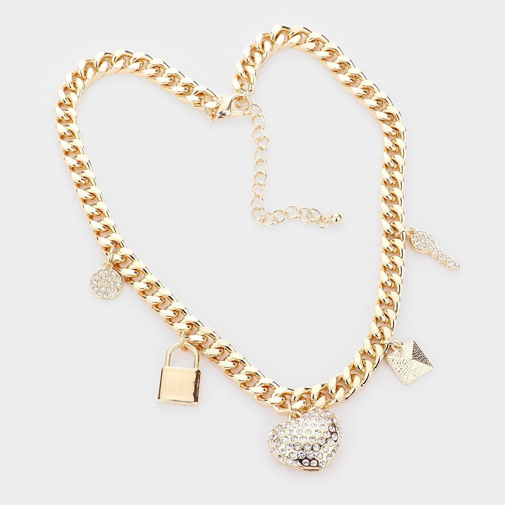 Rhinestone Heart Key Lock Pendant Necklace Gold Tone Love Station Jewelry