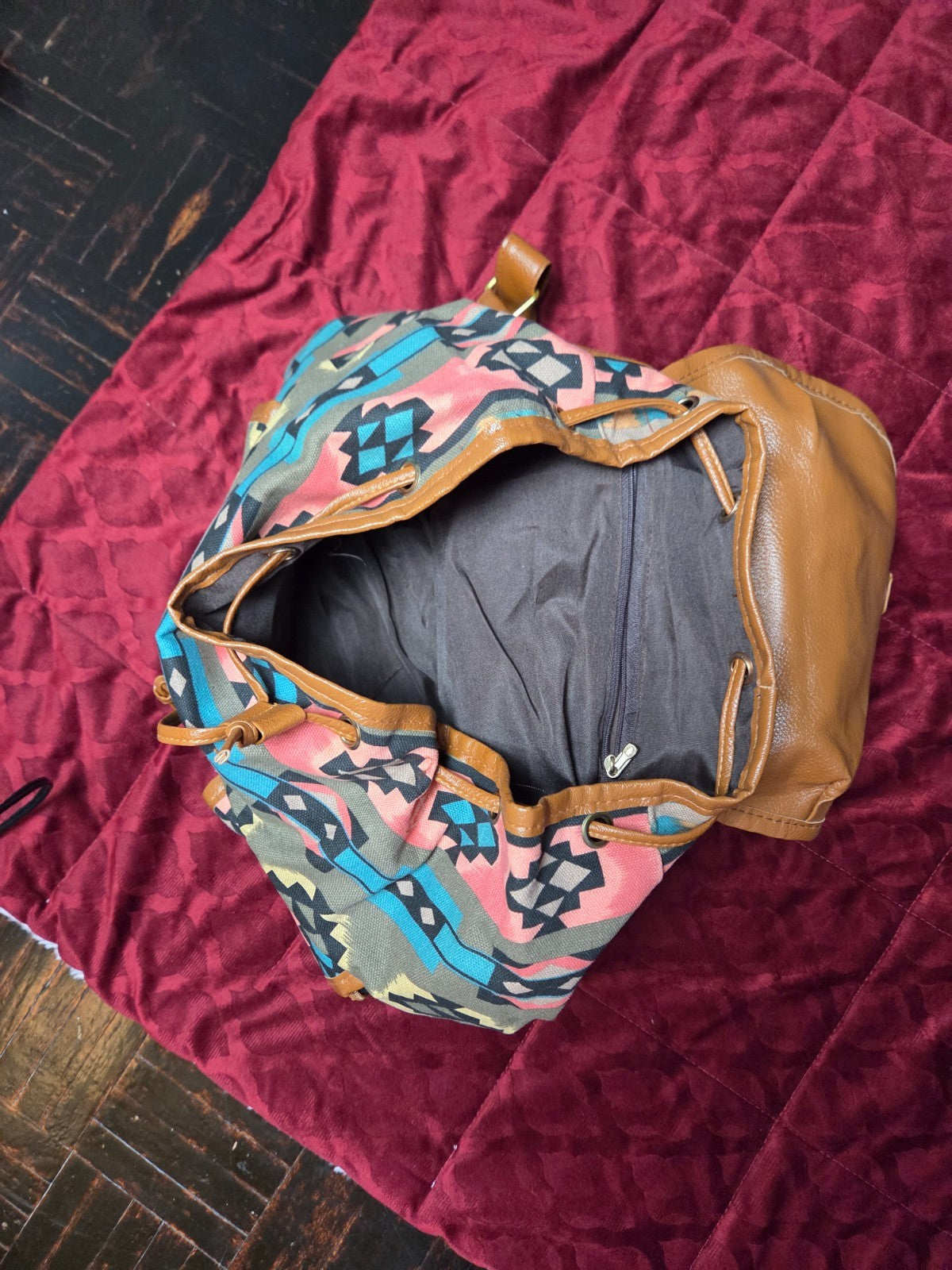 Boho Aztec Print Backpack for Women with Drawstring Top and Snap Front Closure