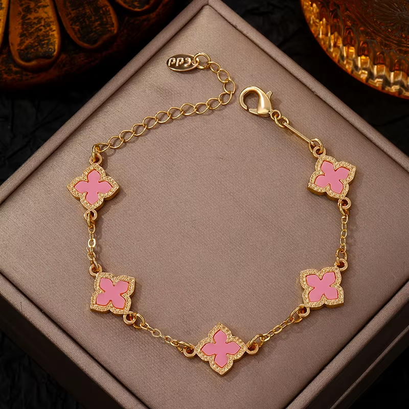 5pc Clover Bracelet Set Gold Tone Enamel Charm Good Luck Holiday Gift Women