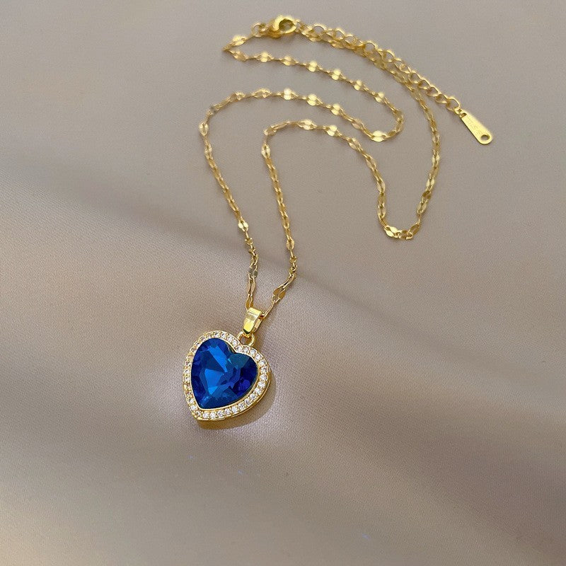 Gold Heart Blue Crystal Pendant Necklace Women’s Jewelry Gift 16" Chain