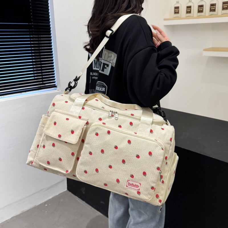Strawberry Corduroy Travel Duffel Bag Shoe Compartment Trolley Sleeve