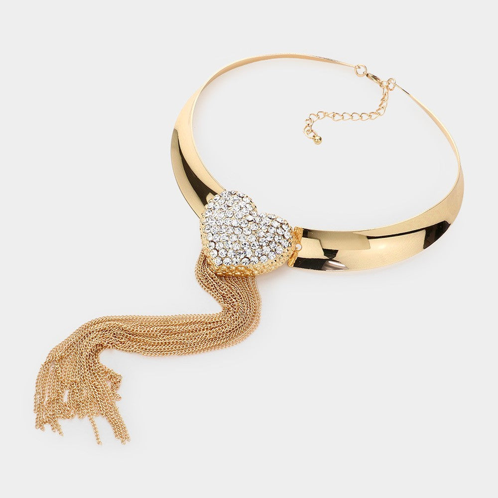 Statement Gold Choker Necklace Earrings Set Rhinestone Heart Tassel Fringe