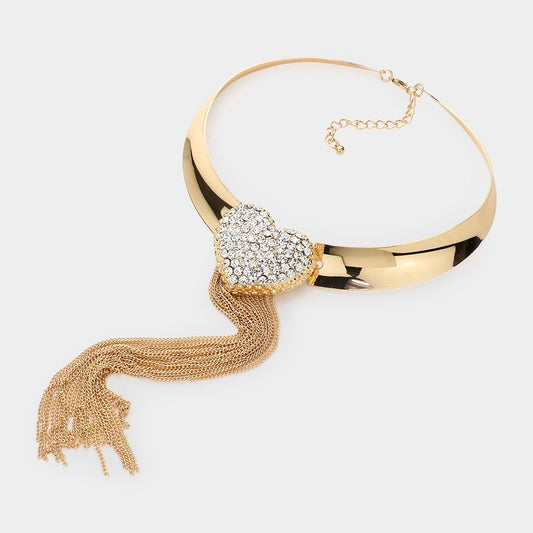 Statement Gold Choker Necklace Earrings Set Rhinestone Heart Tassel Fringe