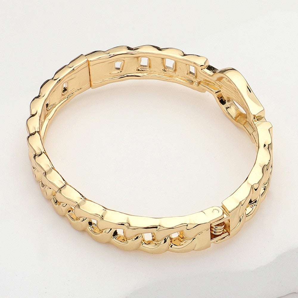 Gold Rhinestone Buckle Curb Chain Link Hinged Bangle Bracelet for Women