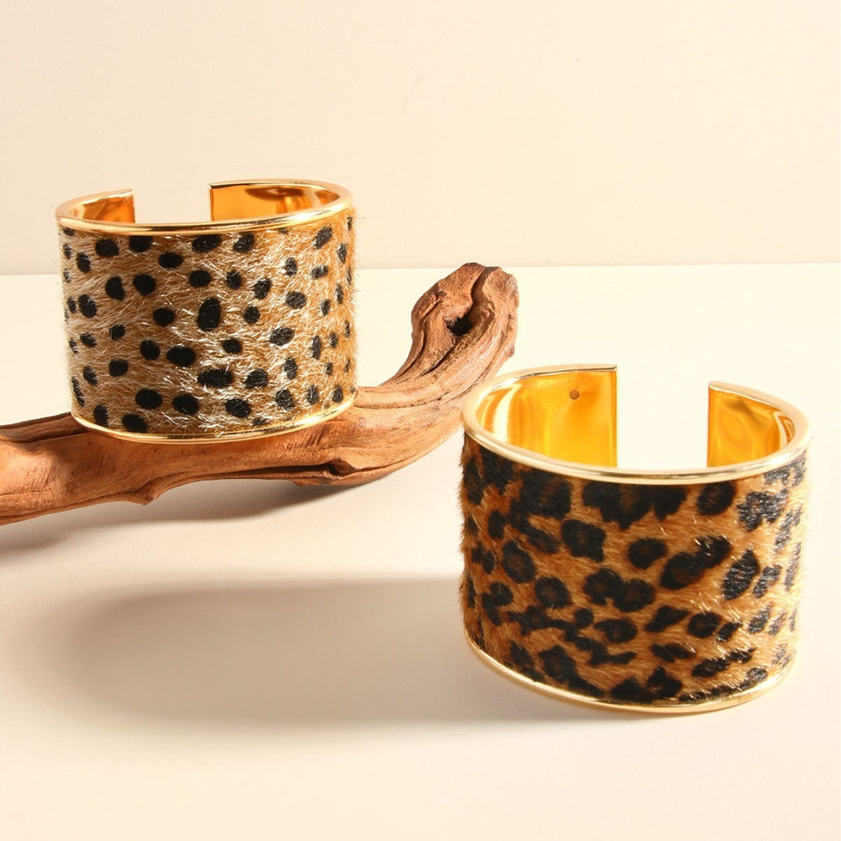 2 PC Cheetah Leopard Wide Cuff Bracelet Set Gold Tone Furry Animal Print Boho