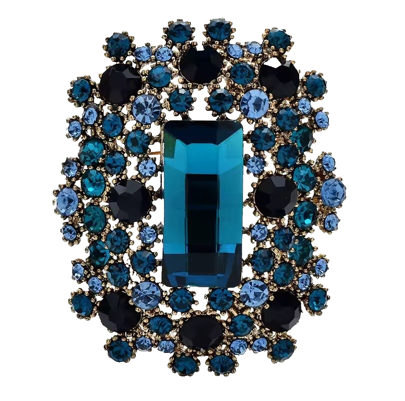 2pcs Vintage Emerald Cut Rhinestone Brooch Set - Blue & Green Statement Pins