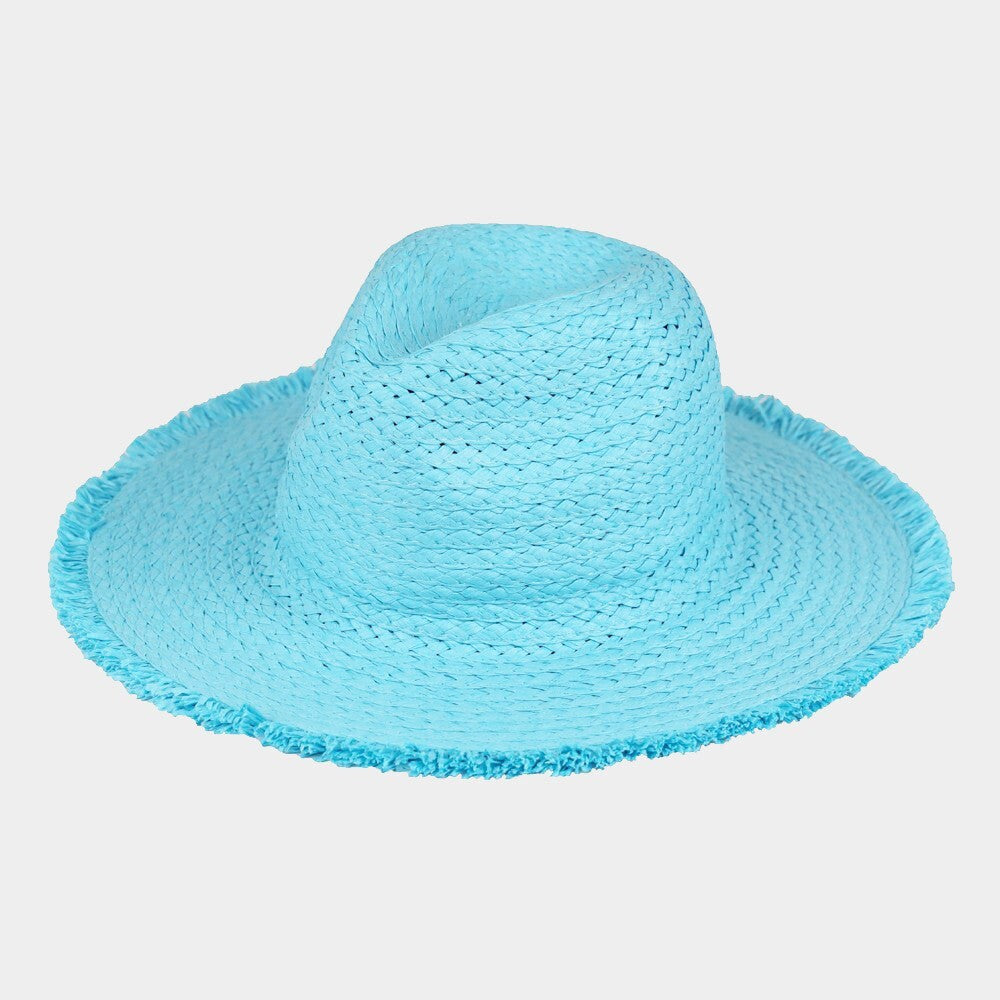 Women’s Frayed  Straw Sun Hat Wide Brim Packable Adjustable Beach Hat Blue