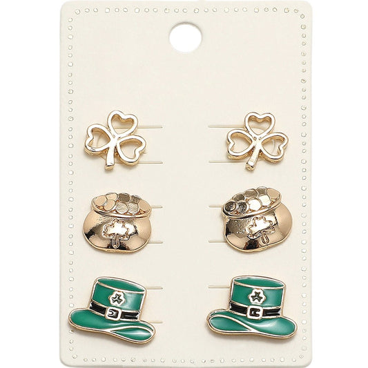 3pcs St. Patrick's Day Clover Pot of Gold Green Top Hat Stud Earring Set