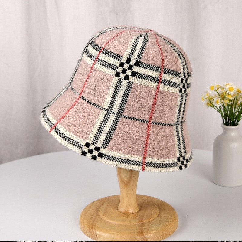 Wool Blend Plaid Bucket Hat Women's Winter Check Tartan Pink Fisherman Cap