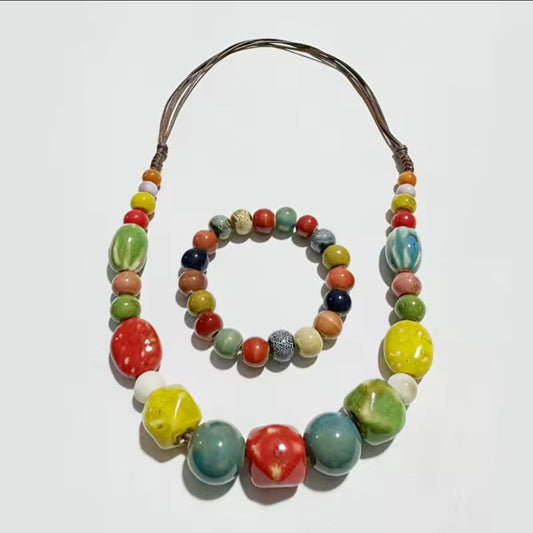 Bohemian Ceramic Bead Necklace & Bracelet Set Artisan Pottery Jewelry Gift