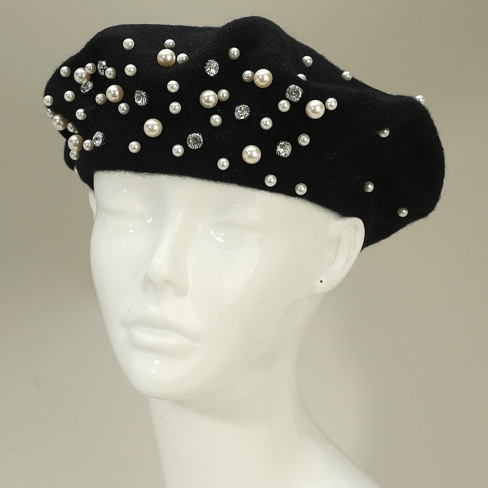 Chic Black Wool Acrylic Beret Faux Pearl Rhinestone French Artist Hat One Size