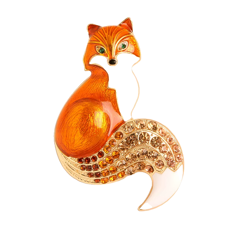 Fox Brooch Pin Gold-Tone Orange Enamel Rhinestone Crystal Animal Jewelry Gift