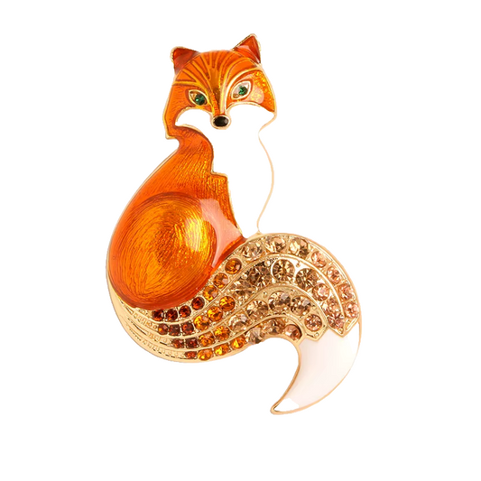 Fox Brooch Pin Gold-Tone Orange Enamel Rhinestone Crystal Animal Jewelry Gift