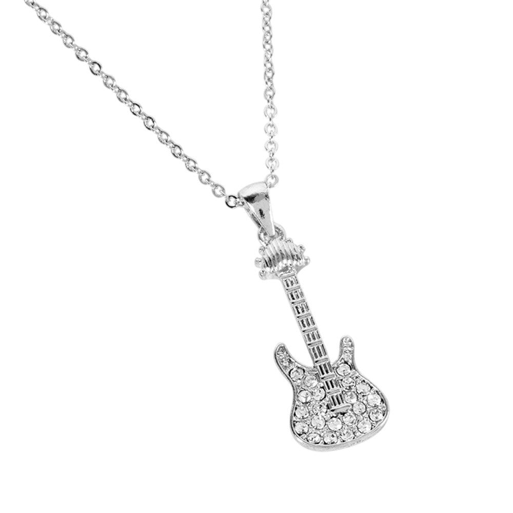 Silver Tone Chain Clear Stone Paved Electric Guitar Pendant Necklace for Women