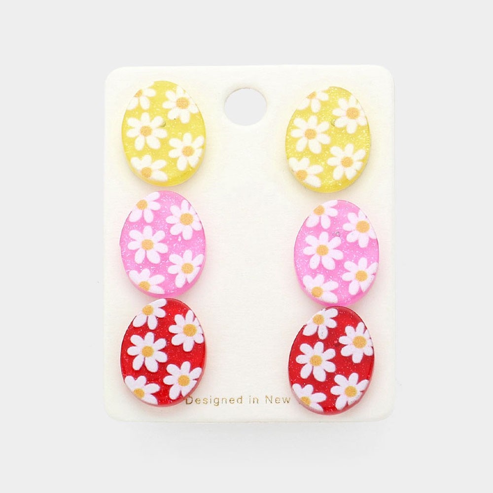 3pcs Daisy Floral Easter Egg Stud Earring Set - Yellow, Pink, and Red Enamel
