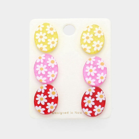 3pcs Daisy Floral Easter Egg Stud Earring Set - Yellow, Pink, and Red Enamel