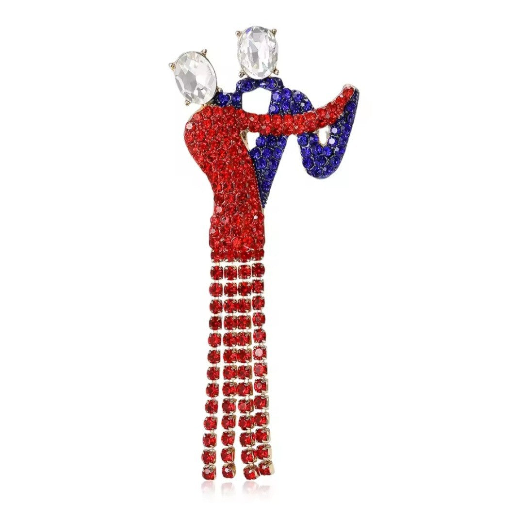 Ballroom Dancer Rhinestone Figural Brooch Pin Red Blue Crystal Tassel 2.48"