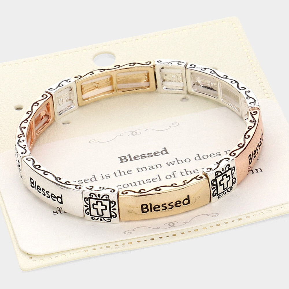 2PCs - Blessed Message Metal Stretch Bracelet - Inspirational Faith Jewelry Gift