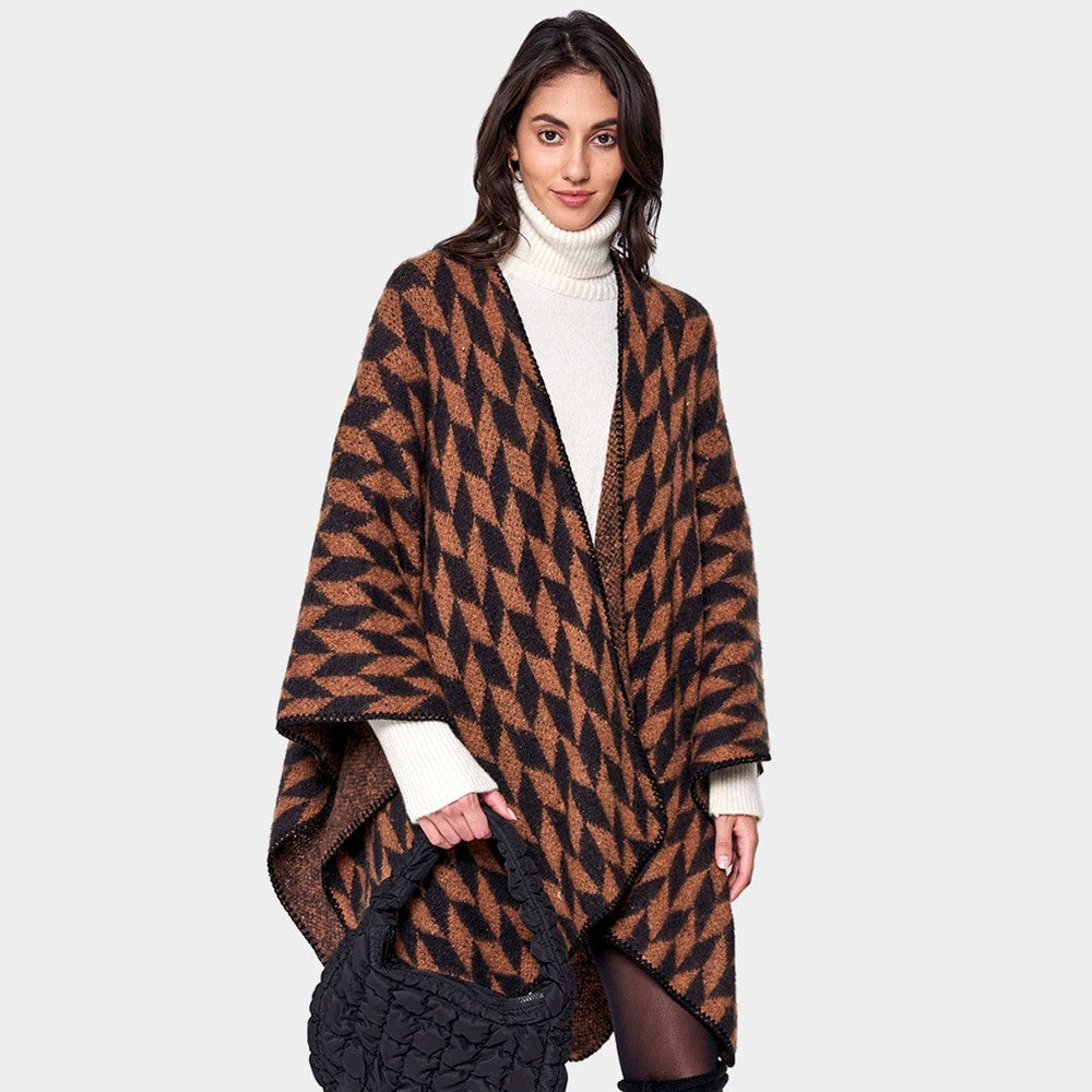 Geometric Patterned Knit Kimono Poncho Open Front Cape Wrap for Women Brown
