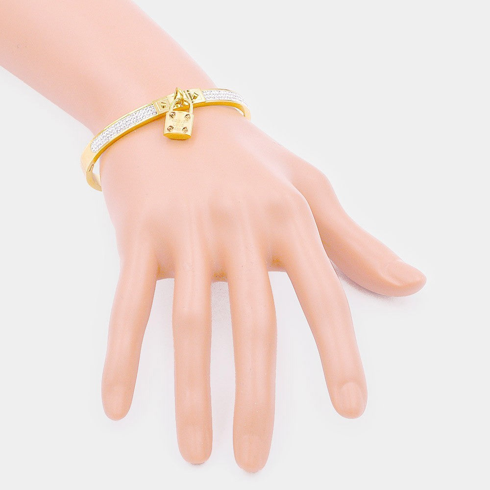 Women's FOREVER LOVE Metal Lock Charm Stainless Steel Evening Bracelet Gold Tone