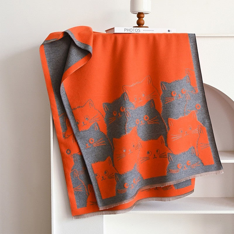 Reversible Cat Shawl Wrap Blanket Oversized Orange Gray Kitty Throw Scarf New